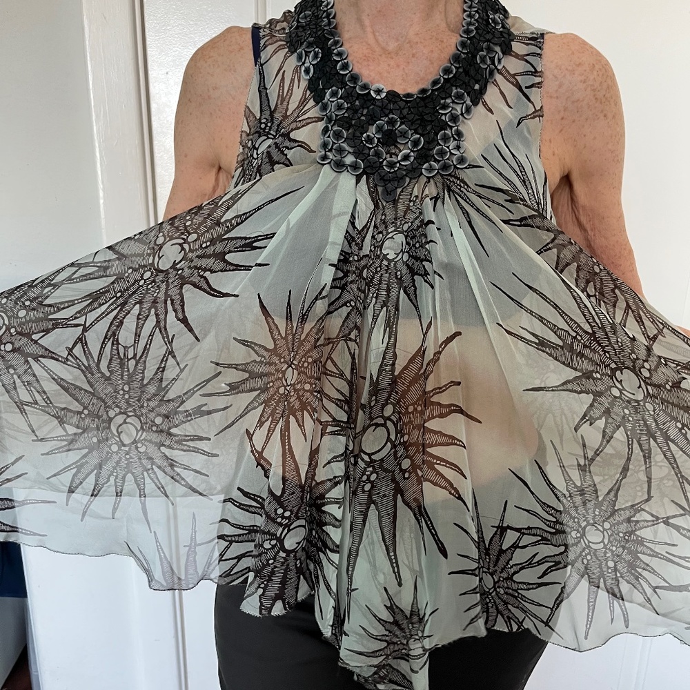 Rozea Nichols Silk Sleeveless Top w/ Button Sequined Neckline